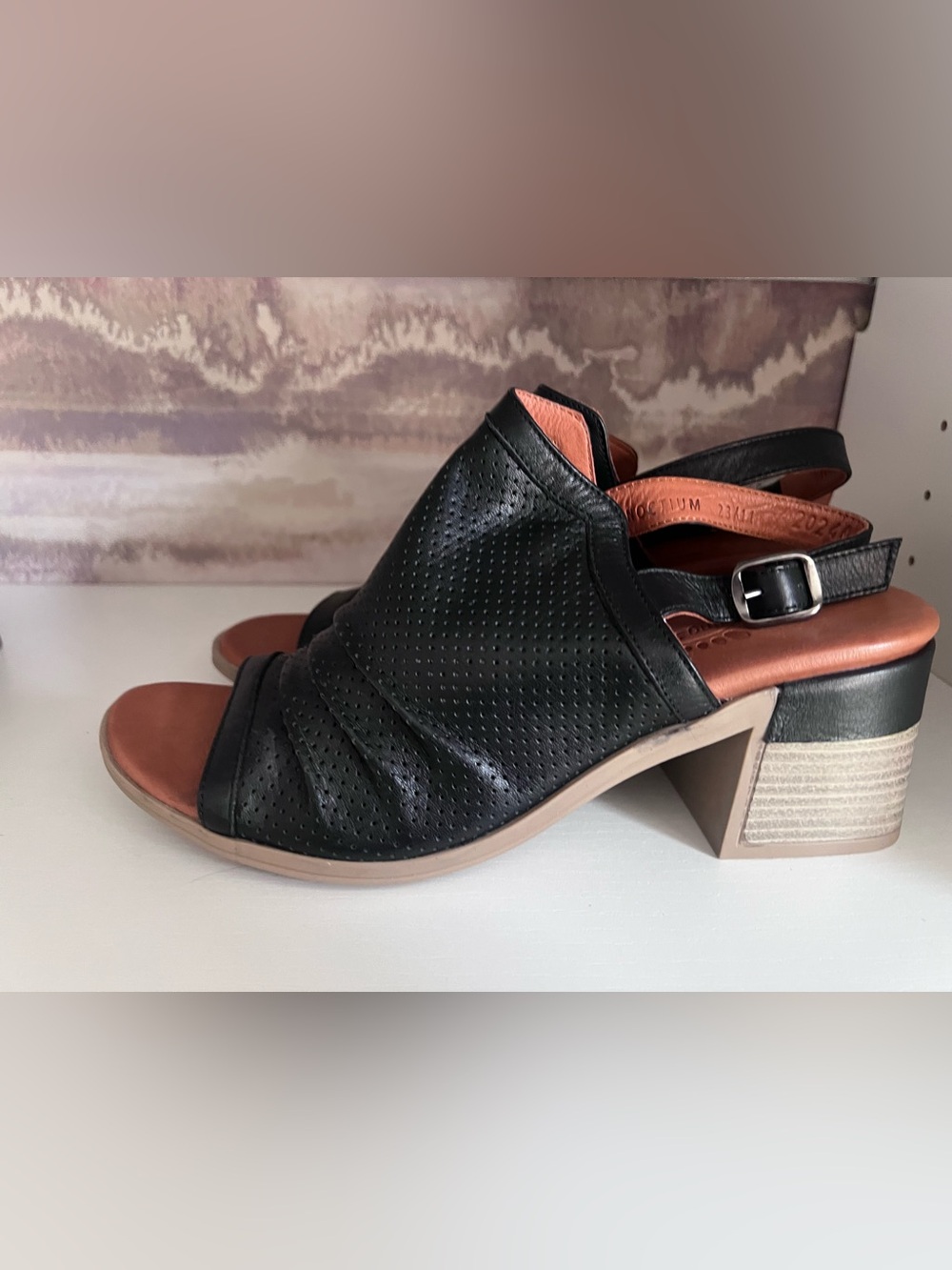 Spring Step Black Perforated Slingback Block Heel Sandal 9